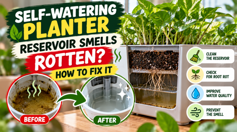 How to fix a self-watering planter reservoir that smells rotten and clean stagnant water.