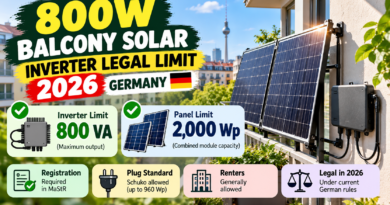 800W balcony solar inverter legal limit in Germany for 2026, showing solar panels, inverter output and panel capacity.