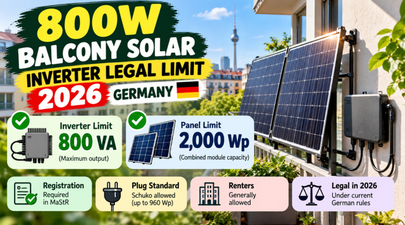 800W balcony solar inverter legal limit in Germany for 2026, showing solar panels, inverter output and panel capacity.