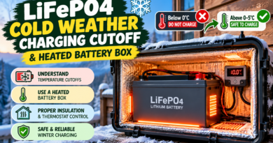 LiFePO4 battery inside an insulated heated battery box with temperature control for cold-weather charging.
