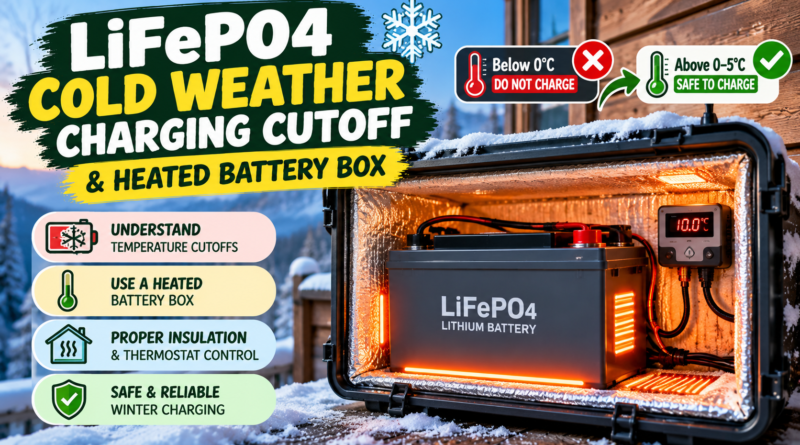 LiFePO4 battery inside an insulated heated battery box with temperature control for cold-weather charging.