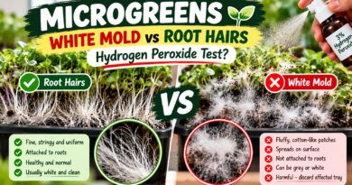 Microgreens white mold vs root hairs, with visual signs to help distinguish healthy roots from mold