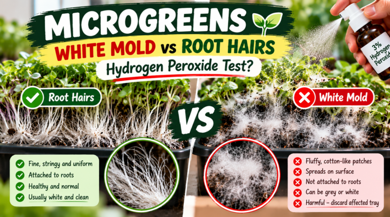 Microgreens white mold vs root hairs, with visual signs to help distinguish healthy roots from mold