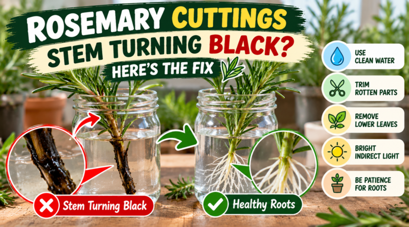 Rosemary cuttings turning black in water compared with healthy cuttings growing white roots.